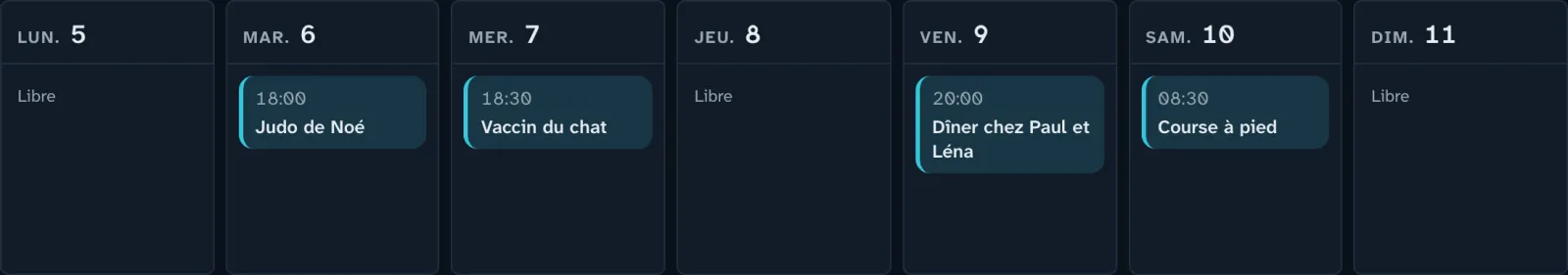 La semaine de Julien : judo de Noé mardi, vaccin du chat mercredi, dîner chez des amis vendredi, course à pied samedi.