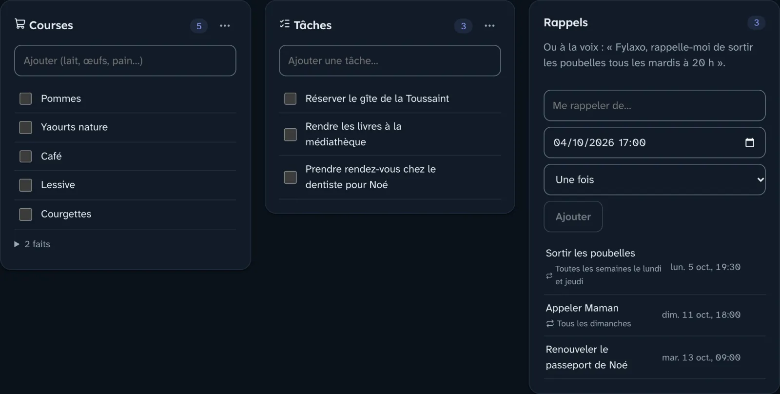 Les listes de Julien, le soir : les courses, ses tâches, et ses rappels, dont « Sortir les poubelles, toutes les semaines le lundi et le jeudi ».