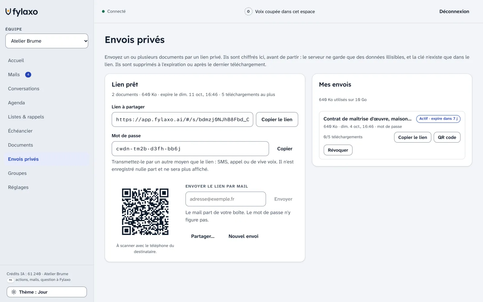 Le contrat Delaunay prêt à partir : le lien privé, le mot de passe à donner à part, le QR code, et l'envoi dans la liste avec son expiration.
