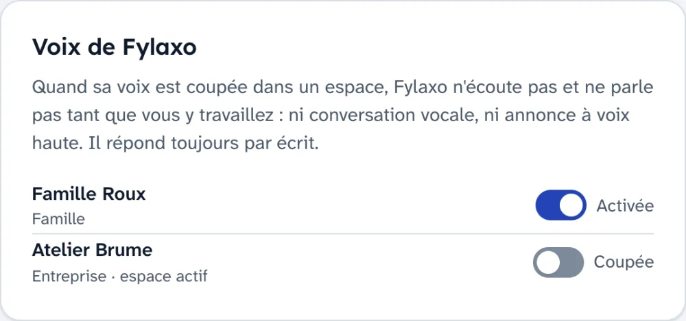 Réglages, Voix de Fylaxo : activée dans l'espace Famille Roux, coupée dans l'espace Atelier Brume.